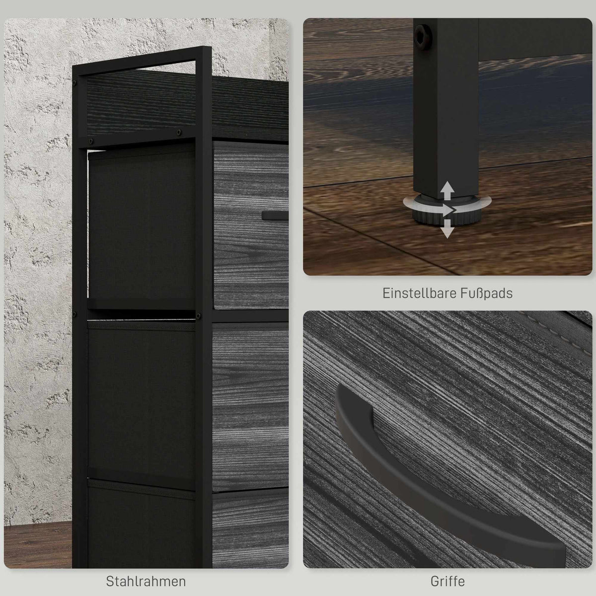 Industrial Sideboard with 4 Fabric Drawers, Black, 60x29x85cm