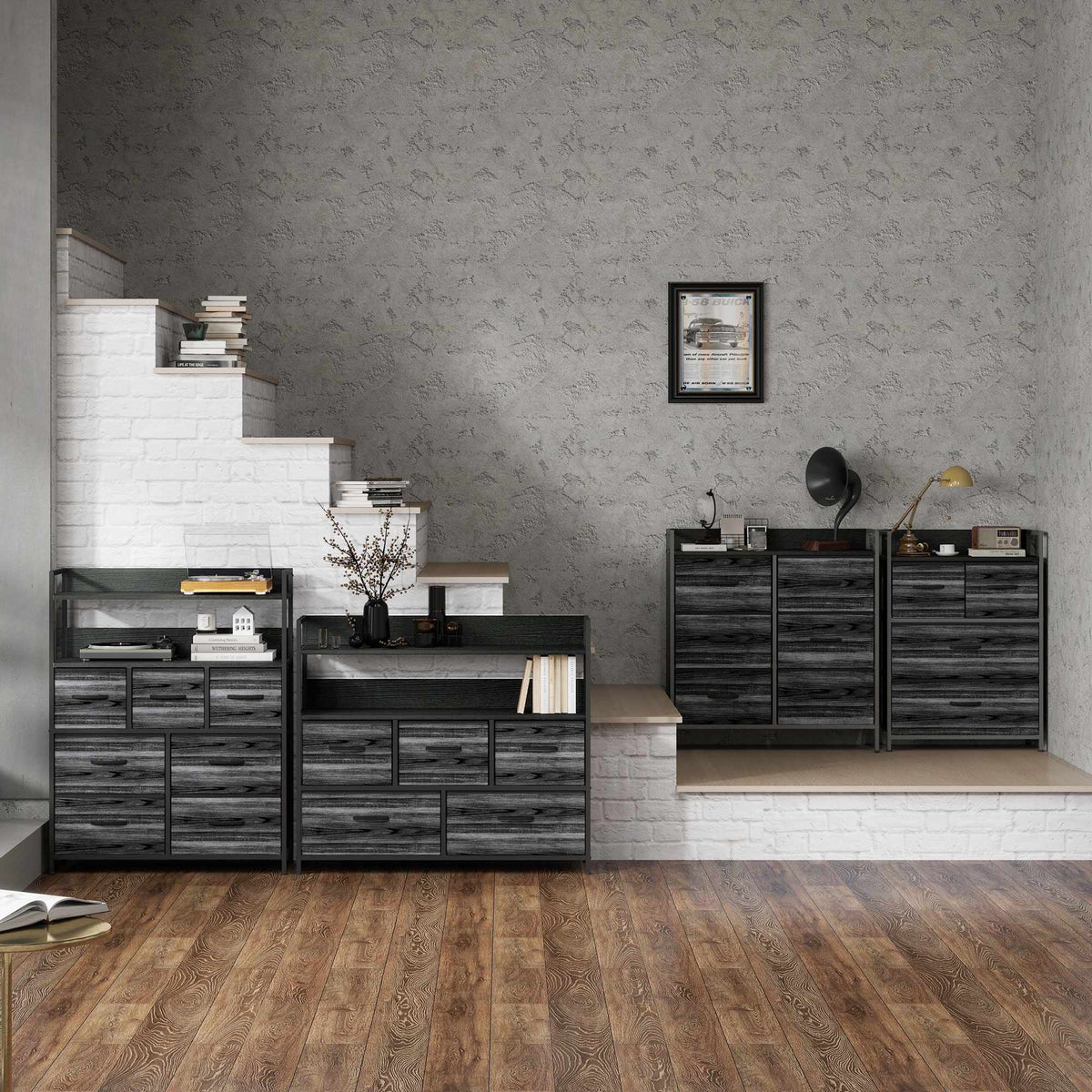 Industrial Sideboard with 4 Fabric Drawers, Black, 60x29x85cm