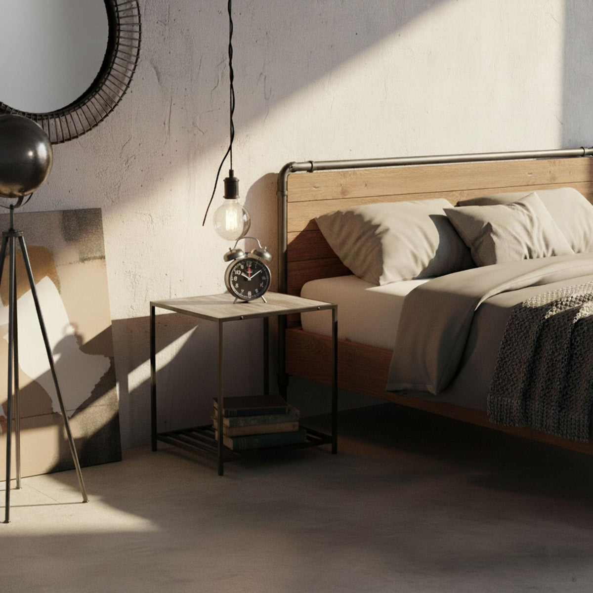 Industrial Square Side Table with Mesh Shelf