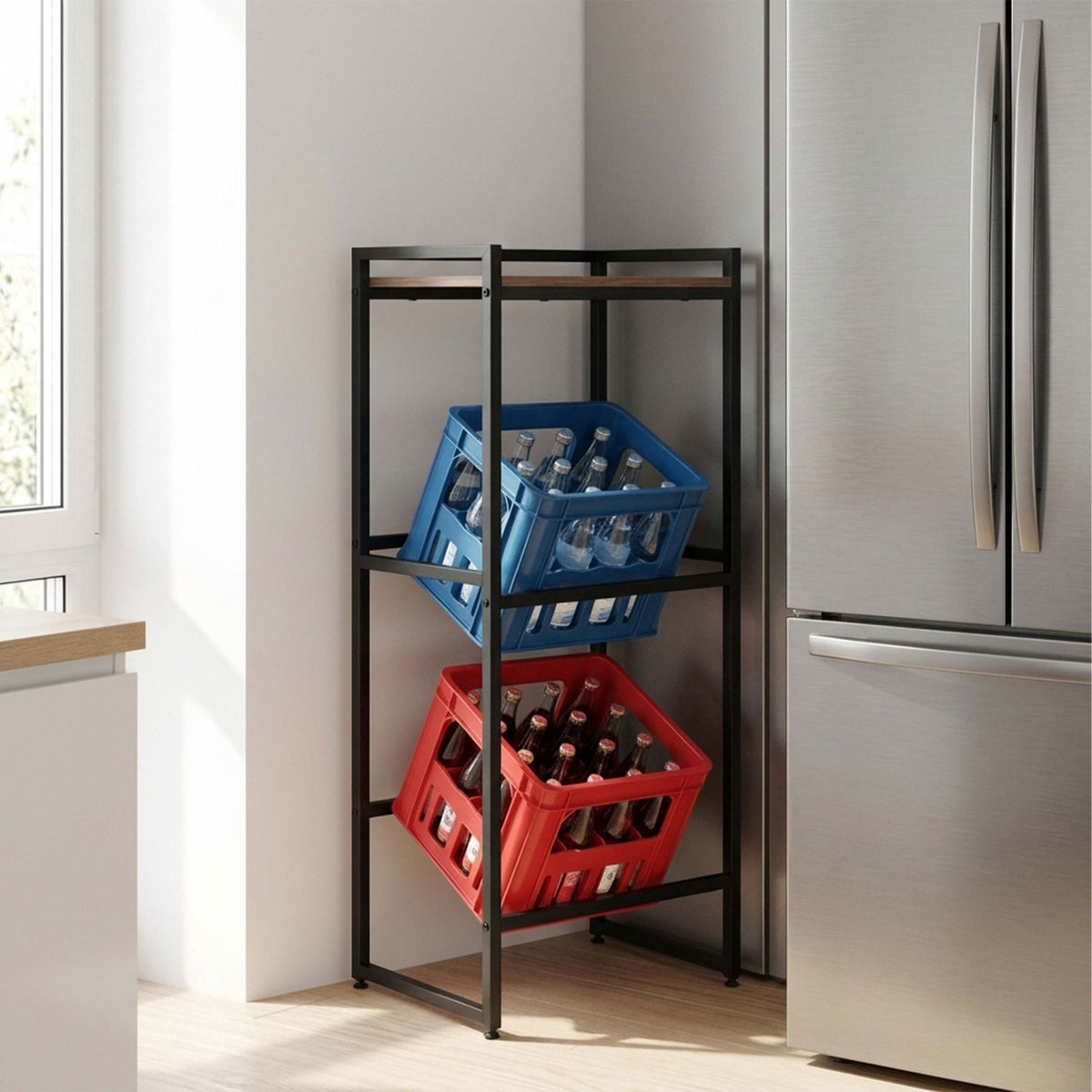 Industrial-Style Drink Crate Rack, 2-Tier, Black/Brown