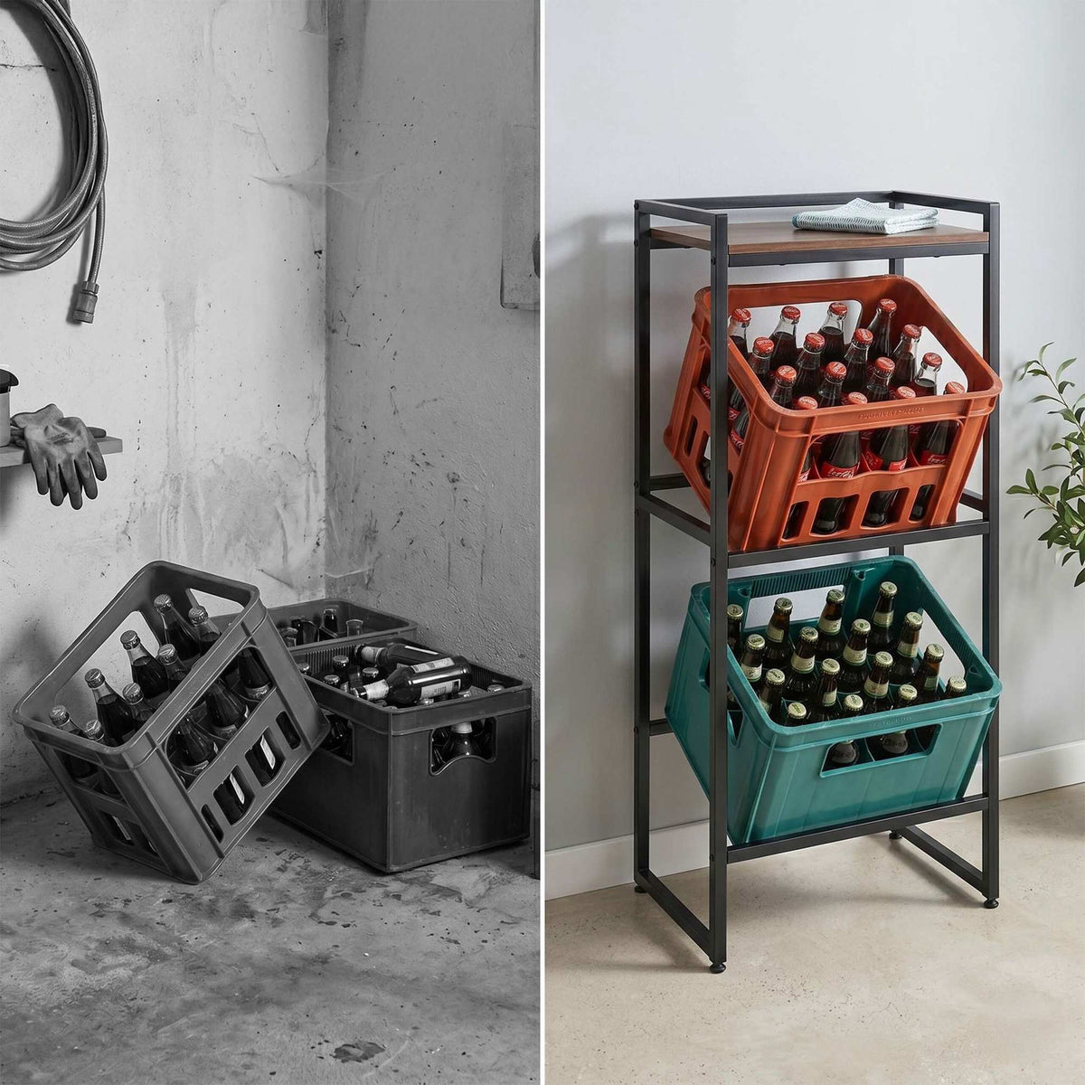 Industrial-Style Drink Crate Rack, 2-Tier, Black/Brown