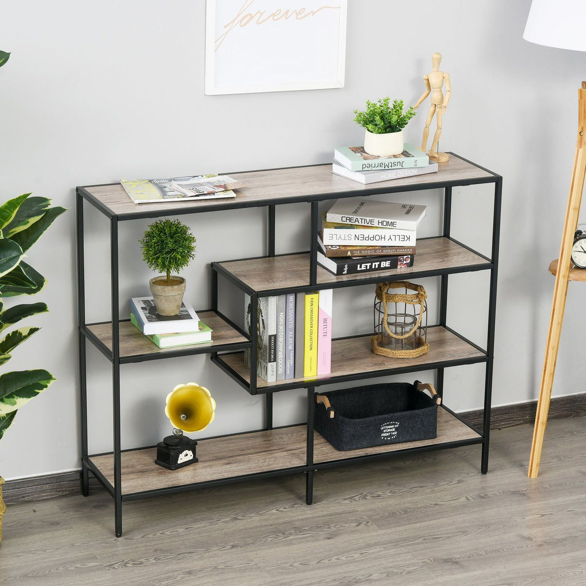 Industrial Style Standing Bookshelf, Filing Shelf, Black+Light Oak, 120X32X95Cm