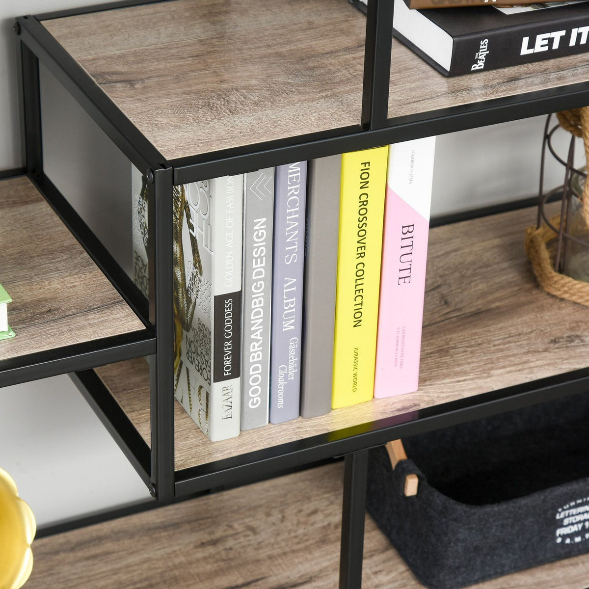 Industrial Style Standing Bookshelf, Filing Shelf, Black+Light Oak, 120X32X95Cm