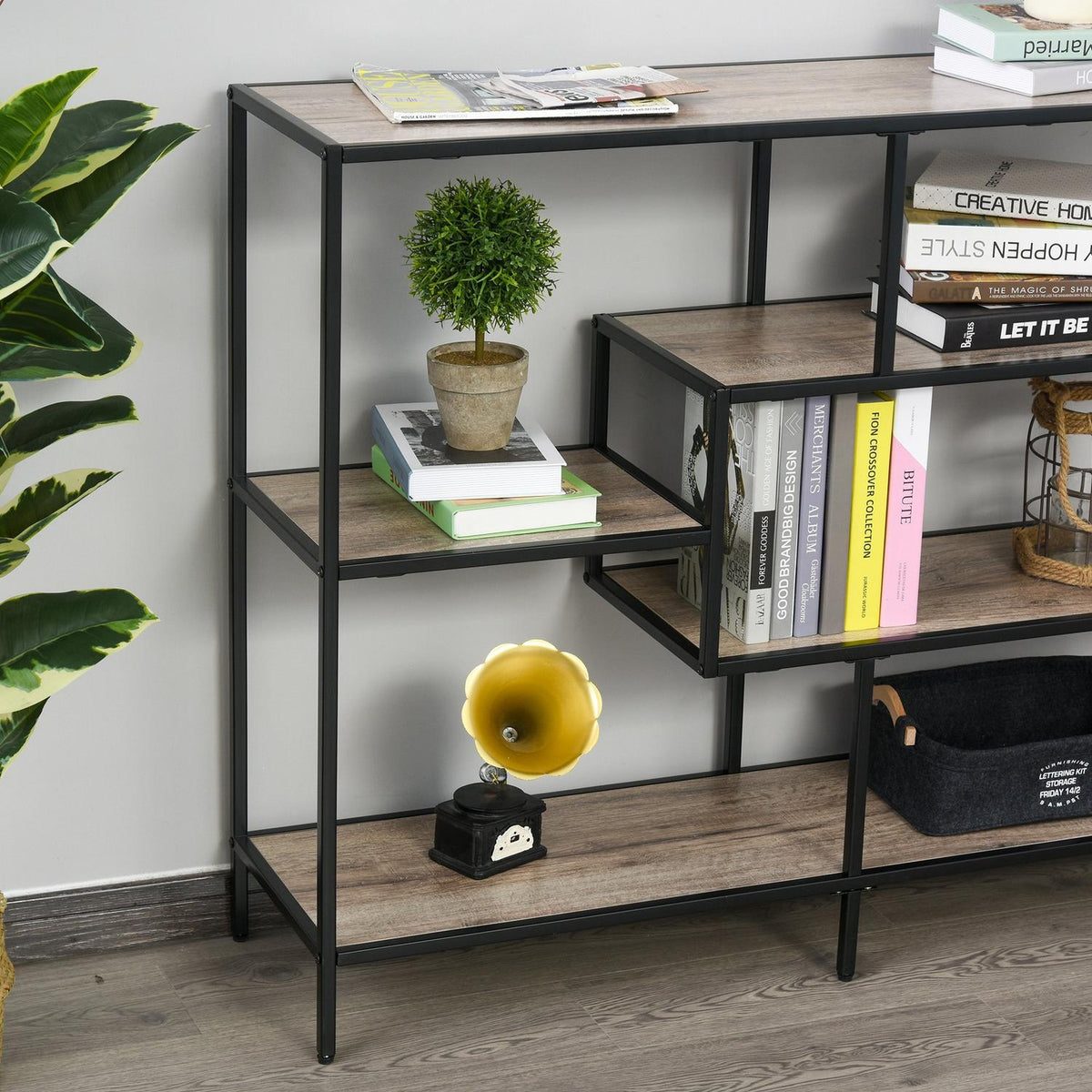 Industrial Style Standing Bookshelf, Filing Shelf, Black+Light Oak, 120X32X95Cm