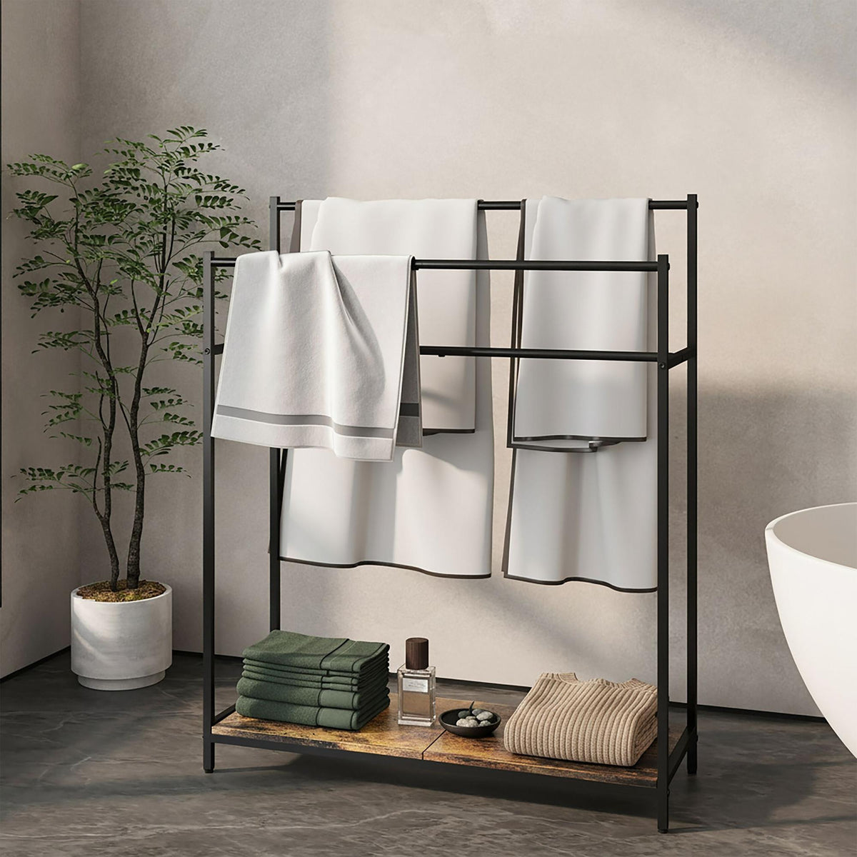 Industrial Towel Stand with Shelf – 3-Tier Hanging Space