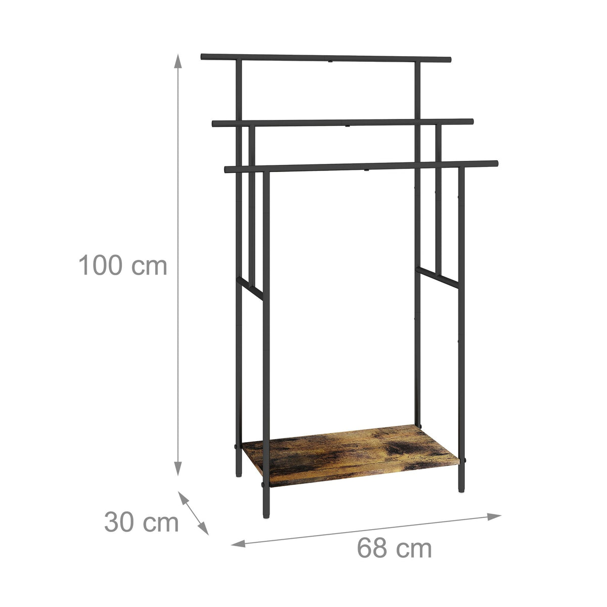 Industrial Towel Stand with Shelf – Black Metal, Wood Finish