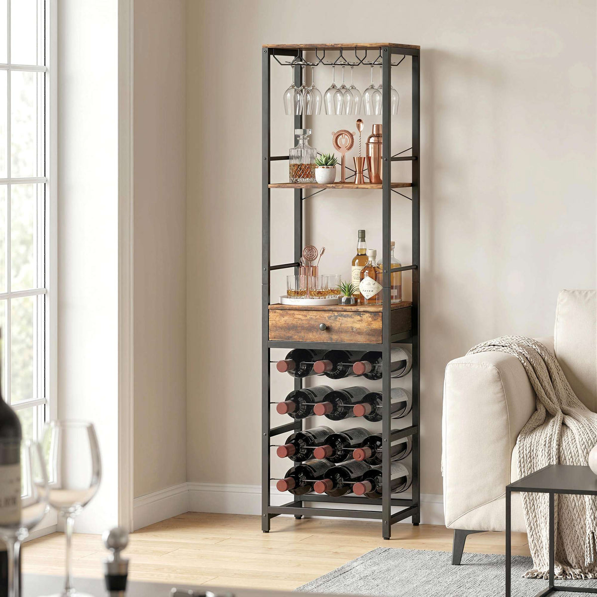 Industrial Wine Bar Cabinet with Drawer, Rustic Brown, 12-Bottle Rack