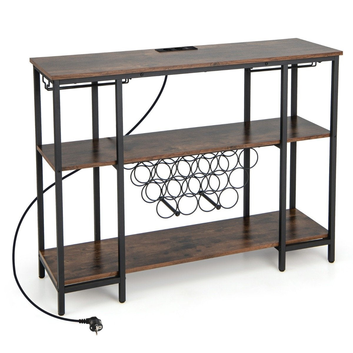 Industrial Wine Rack with Glass Holder & Shelves & Sockets for 15 Wine Bottles Wine Cabinet Brown