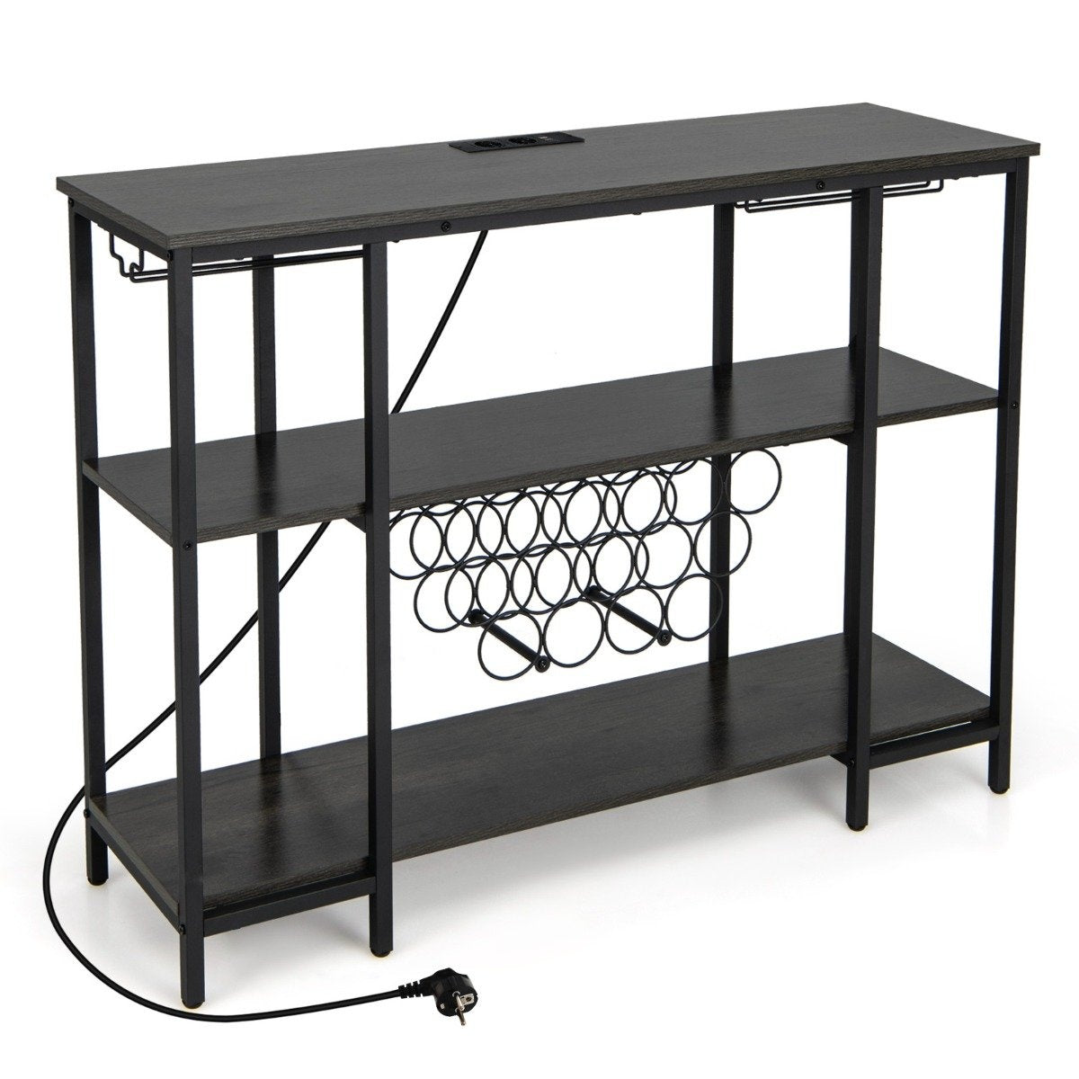 Industrial Wine Rack with Glass Holder & Shelves & Sockets for 15 Wine Bottles Wine Cabinet Gray
