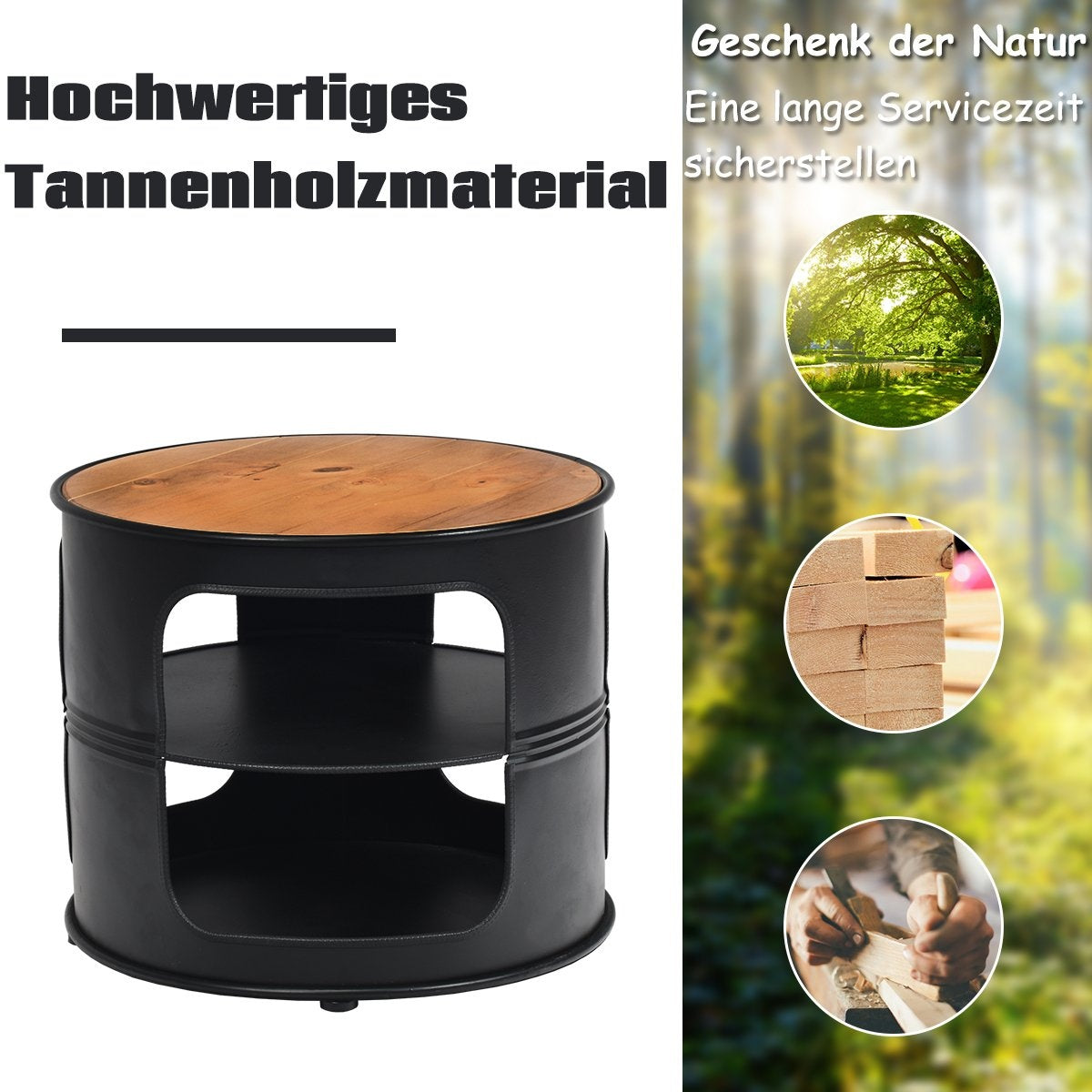 Industrial coffee table made of wood and metal with 2 shelves, load capacity up to 50 kg, black