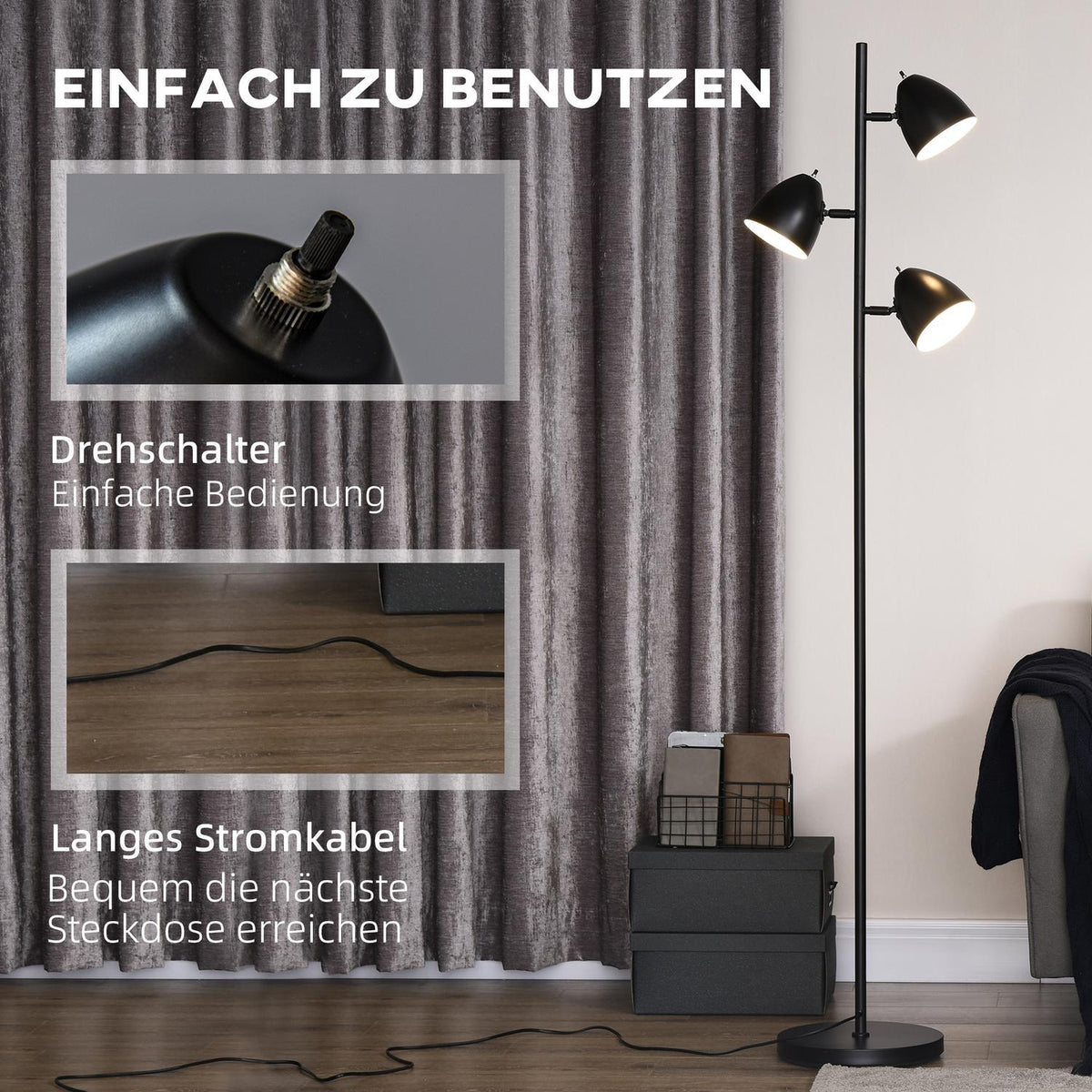 Industrial style floor lamp for the living room with 3 adjustable steel metal lampshades 38 x 28 x 169 cm Black