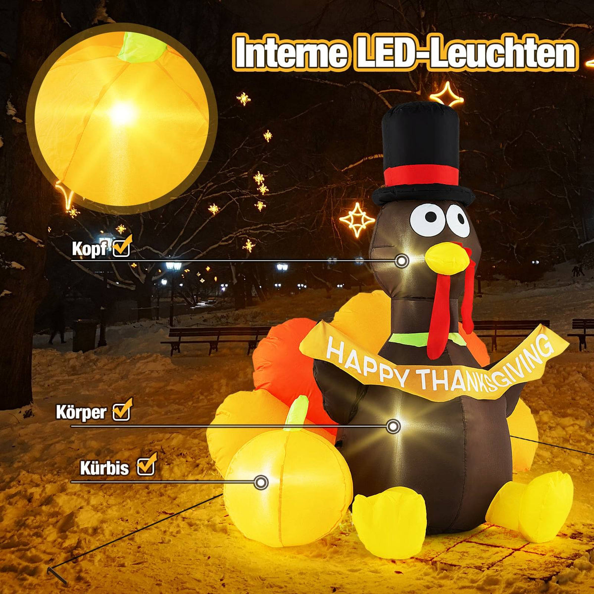 Inflatable 150cm Turkey with Pumpkin, LED Lights, Thanksgiving Decor