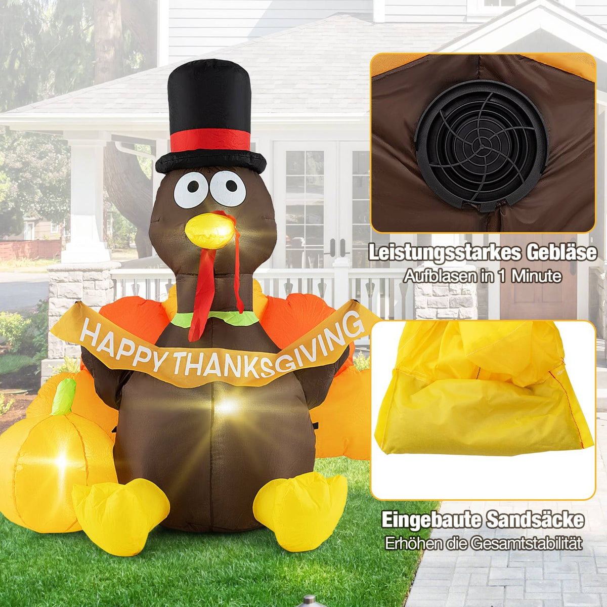 Inflatable 150cm Turkey with Pumpkin, LED Lights, Thanksgiving Decor