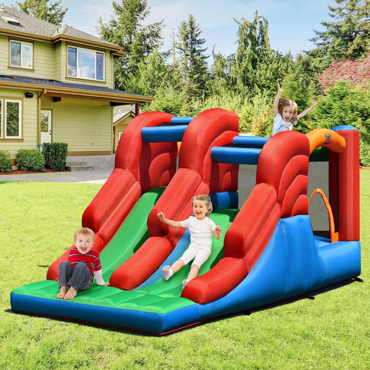Inflatable Bounce House, 3-in-1 Dual Slide, No Blower