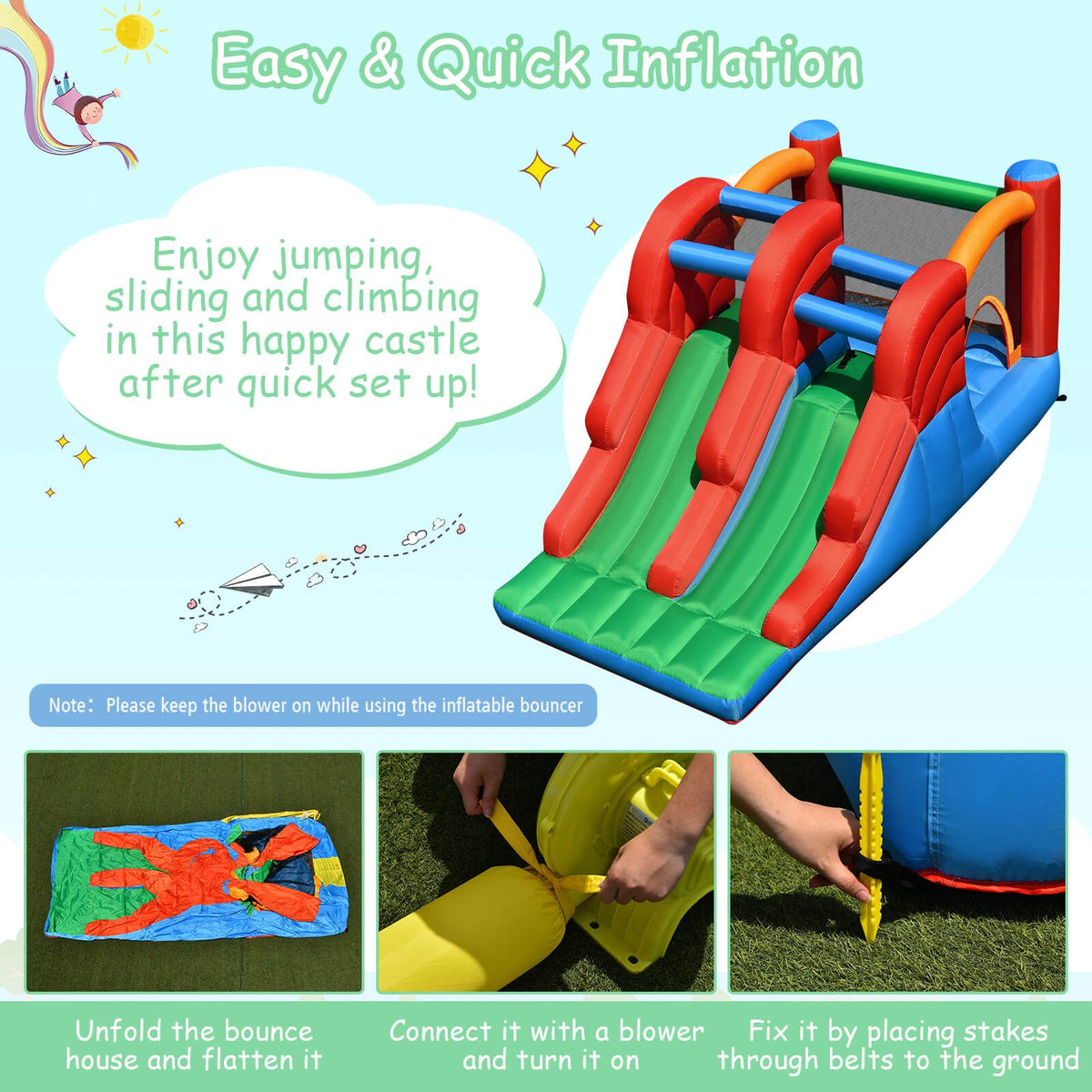 Inflatable Bounce House, 3-in-1 Dual Slide, No Blower