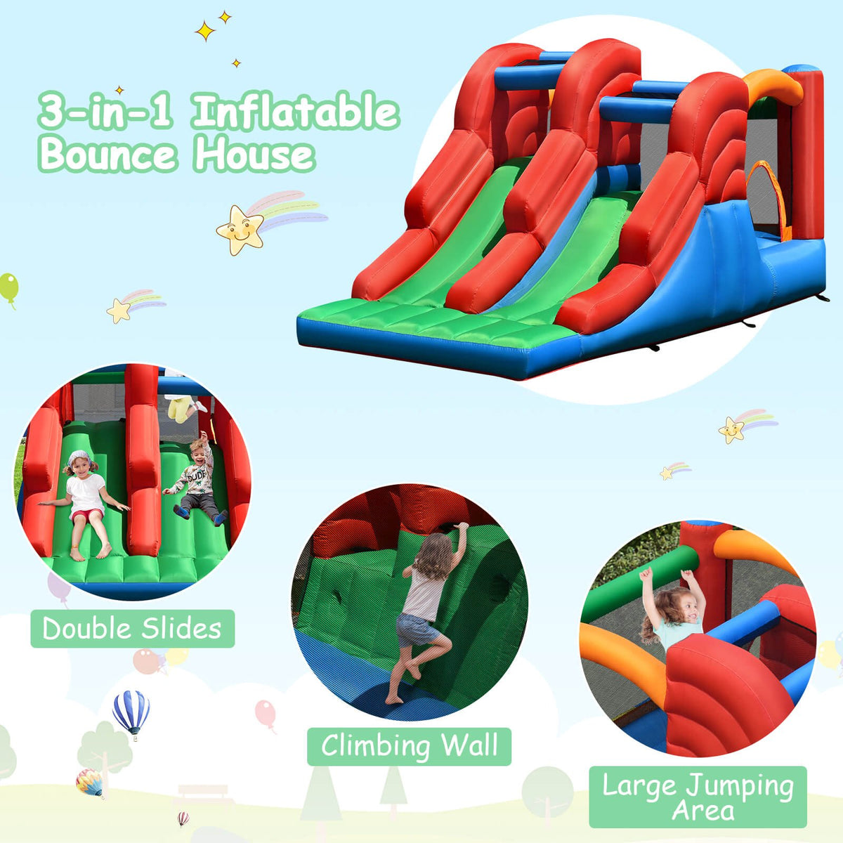 Inflatable Bounce House, 3-in-1 Dual Slide, No Blower