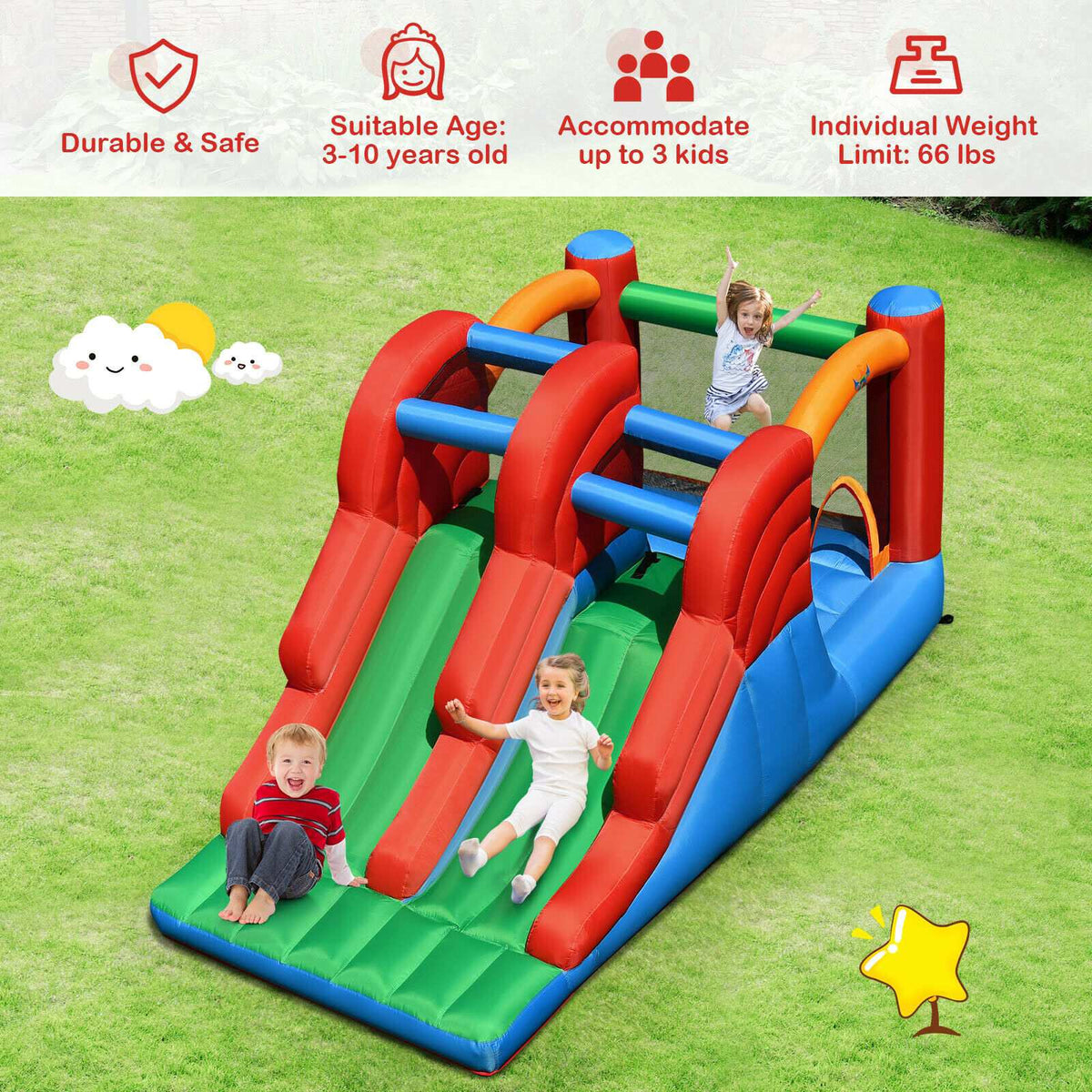Inflatable Bounce House, 3-in-1 Dual Slide, No Blower