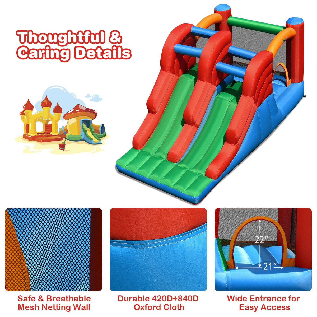 Inflatable Bounce House, 3-in-1 Dual Slide, No Blower