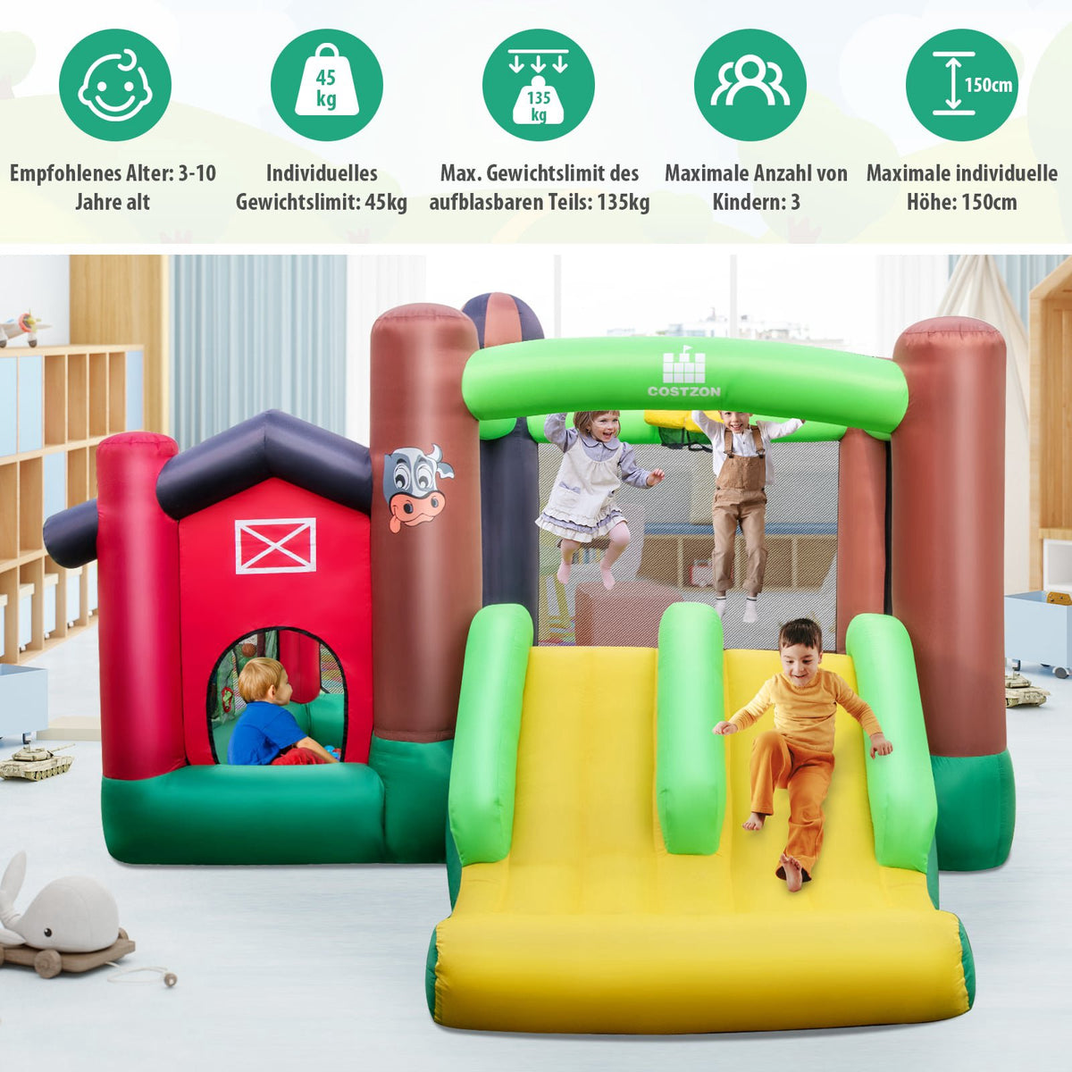 Inflatable Bounce House with Slide & Ball Pit, 356x330x220 cm