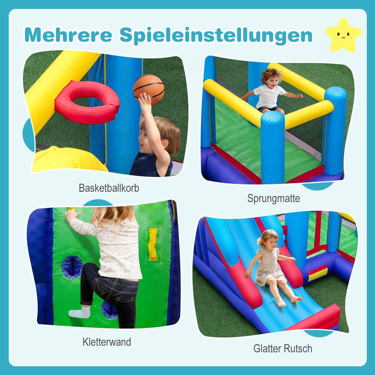 Inflatable Bounce House with Slide, Climbing Wall & Hoop