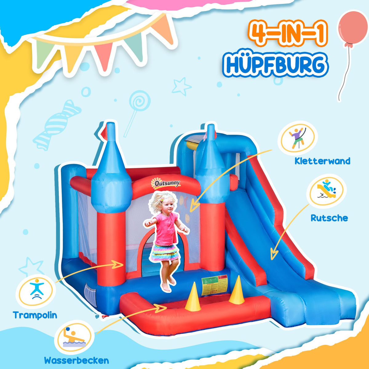 Inflatable Bouncy Castle For 4 Kids Water Bouncy Castle With Blower, Slide, Pool, Climbing Wall, Trampoline, For 3-8 Years