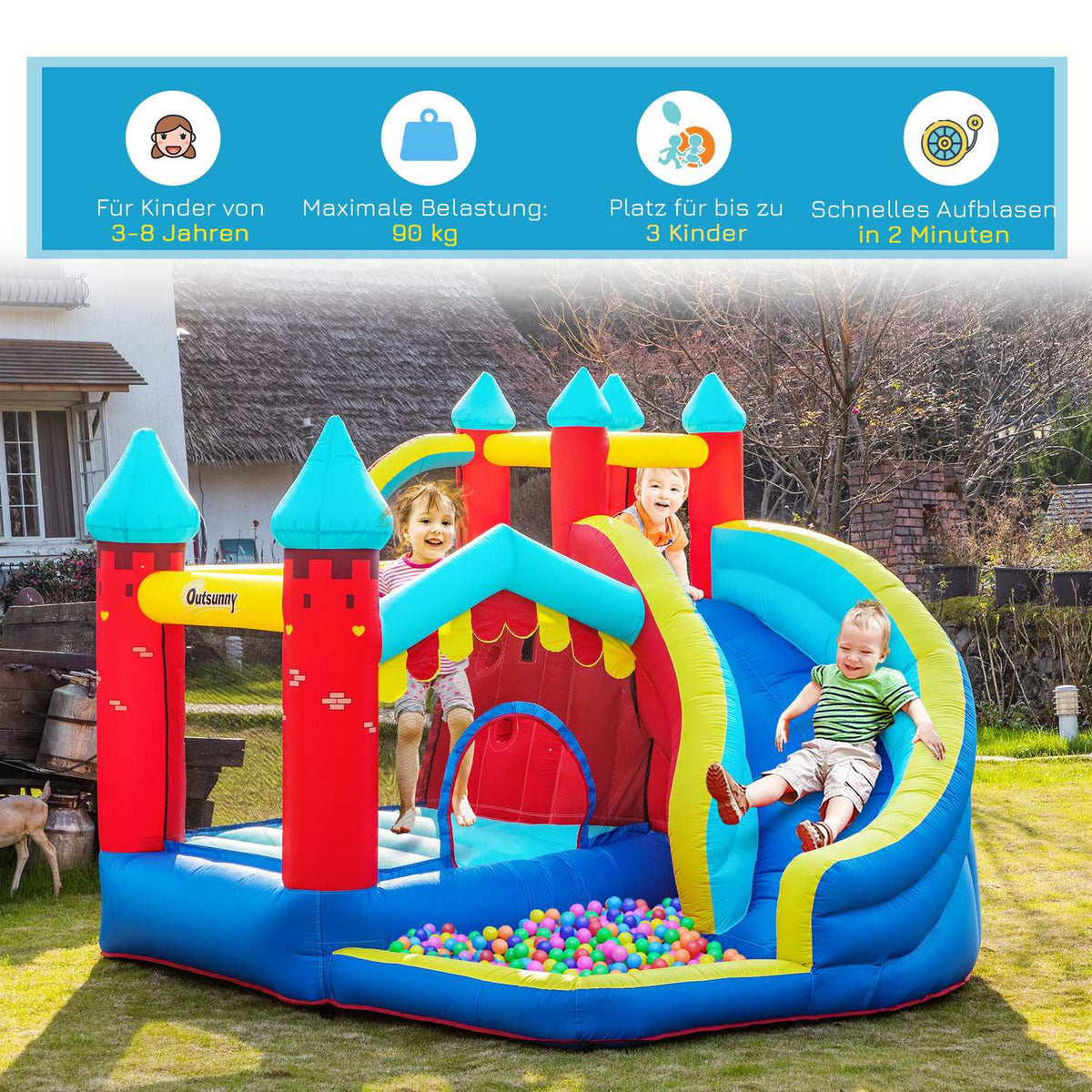 Inflatable Bouncy Castle Play Castle Jumping Area Ball Pit With Slide With Transport Bag Patch For Children From 3 Years 290 X 270 X 230 Cm