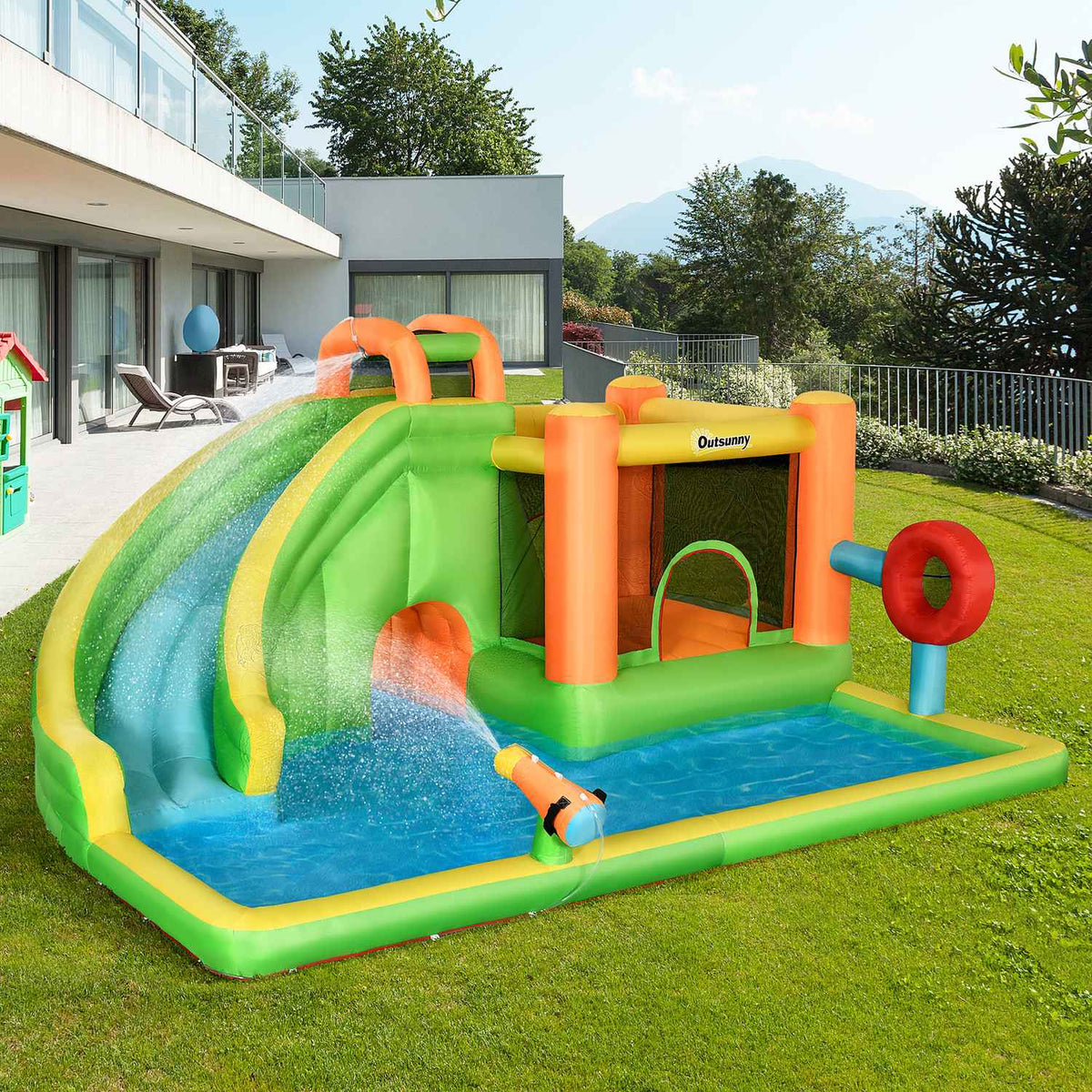 Inflatable Bouncy Castle Play Castle With Slide, Punching Bag, Ball Ring, Tunnel, Water Gun, For Children 3-8 Years, Water Park