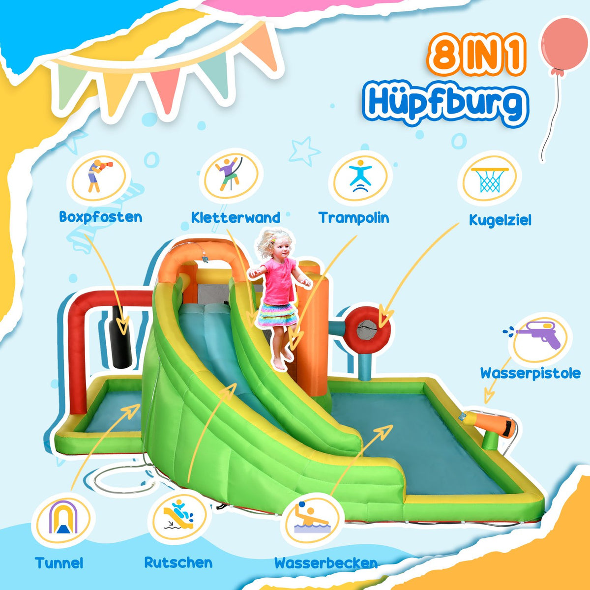 Inflatable Bouncy Castle Play Castle With Slide, Punching Bag, Ball Ring, Tunnel, Water Gun, For Children 3-8 Years, Water Park
