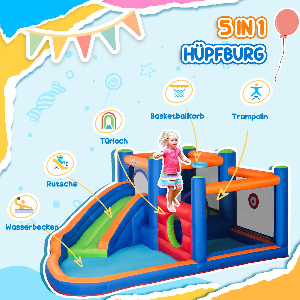 Inflatable Bouncy Castle Water Park With Blower Bouncy Castle With Water Slide Basketball Hoop Inflatable Water Play Center For Ages 3 And Up Trampoline