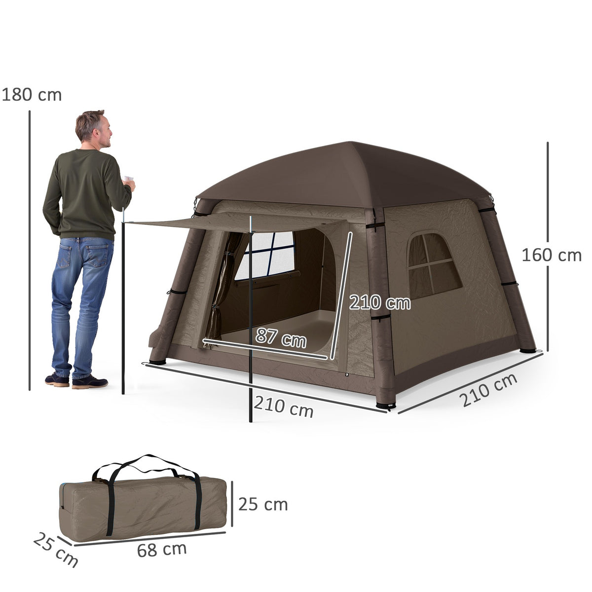 Inflatable Camping Tent 1-2 Person Outdoor Family Tent with Awning Hooks Air Pump Windows Doors Storage Bag Air Tent for 4 Seasons Windproof Glamping Tent