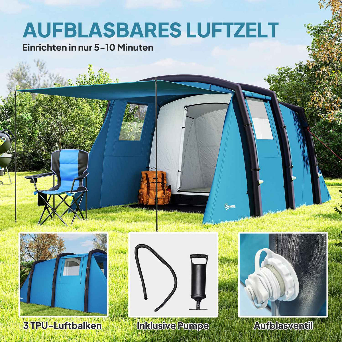 Inflatable Camping Tent 3-6 Person Outdoor Tunnel Tent with Windows Door Groundsheet Storage Bag Air Carrier Family Tent UV50+ Air Tent for 3 Seasons Windproof Glamping Tent |