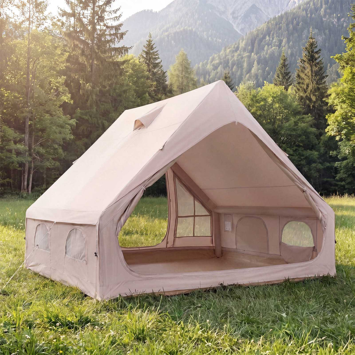Inflatable Camping Tent, 4-Person, Air Pump, Waterproof; Chimney Port