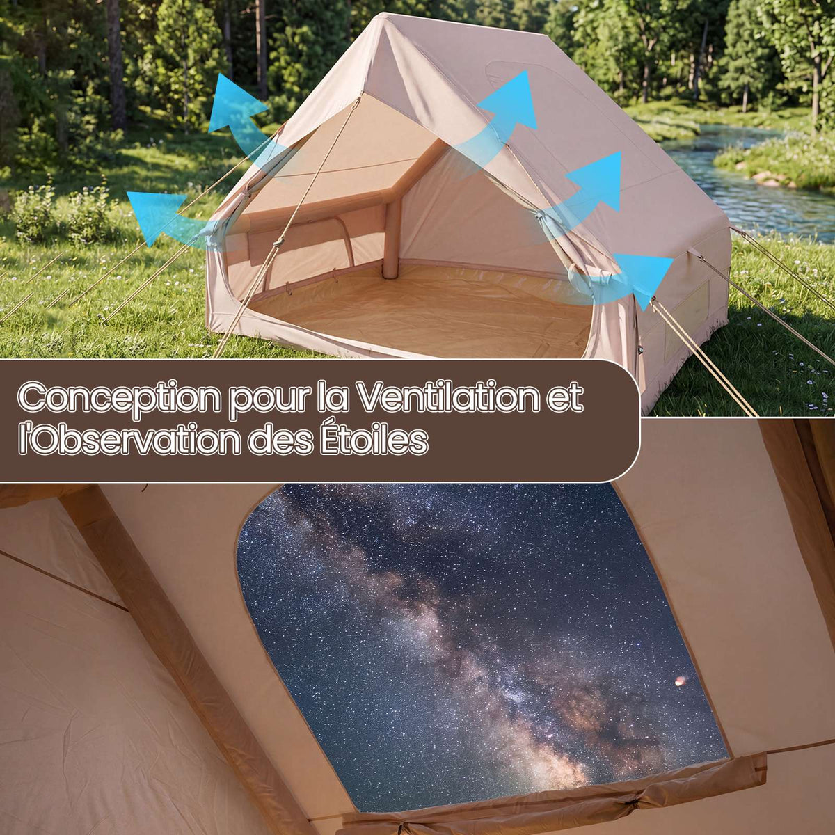 Inflatable Camping Tent, 4-Person, Pump, Waterproof, Skylight