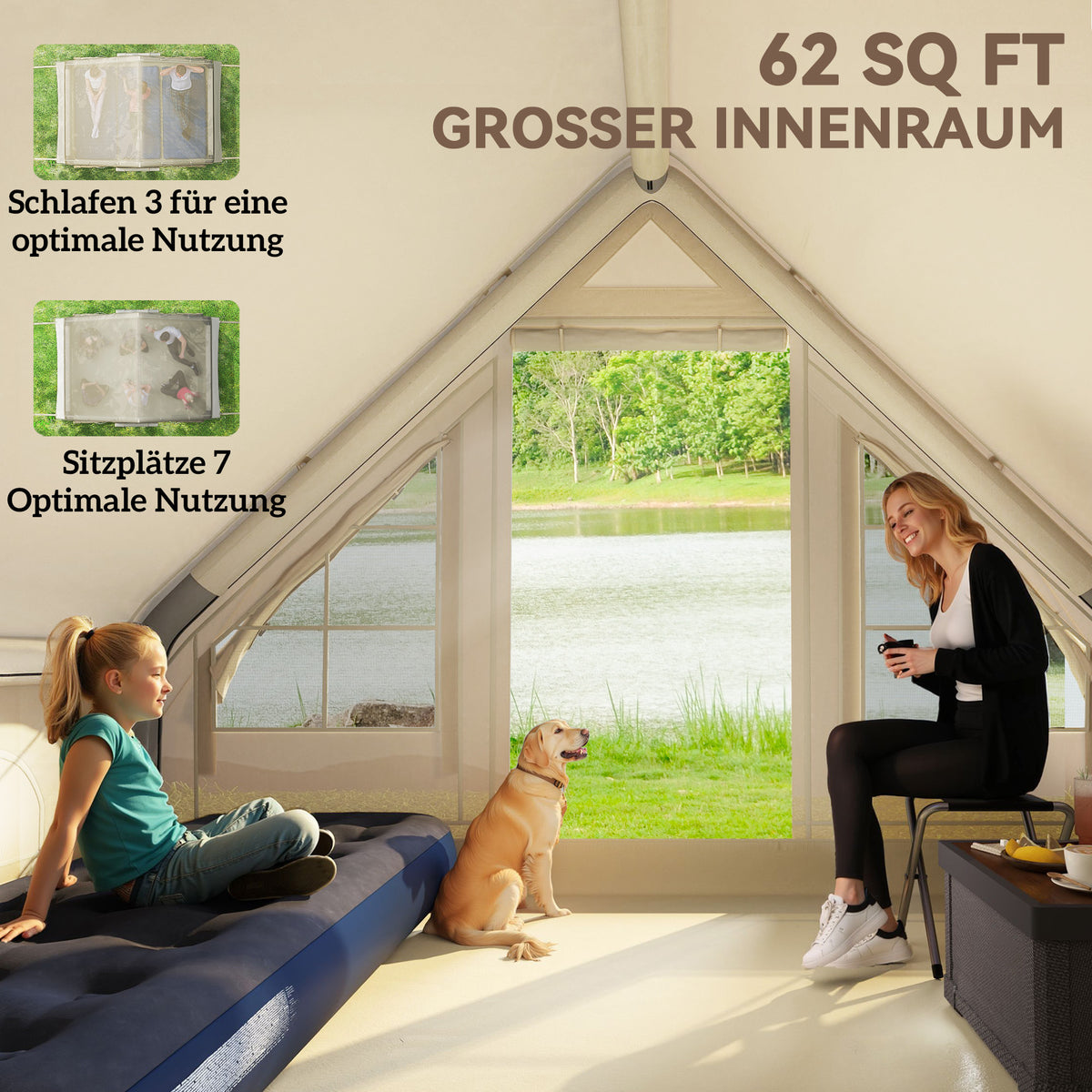 Inflatable Camping Tent Inflatable Tent with Window, Door for 3 People Family Tent with Storage Bag, Air Pump Oxford Waterproof & Windproof Glamping Tent for 4 Seasons