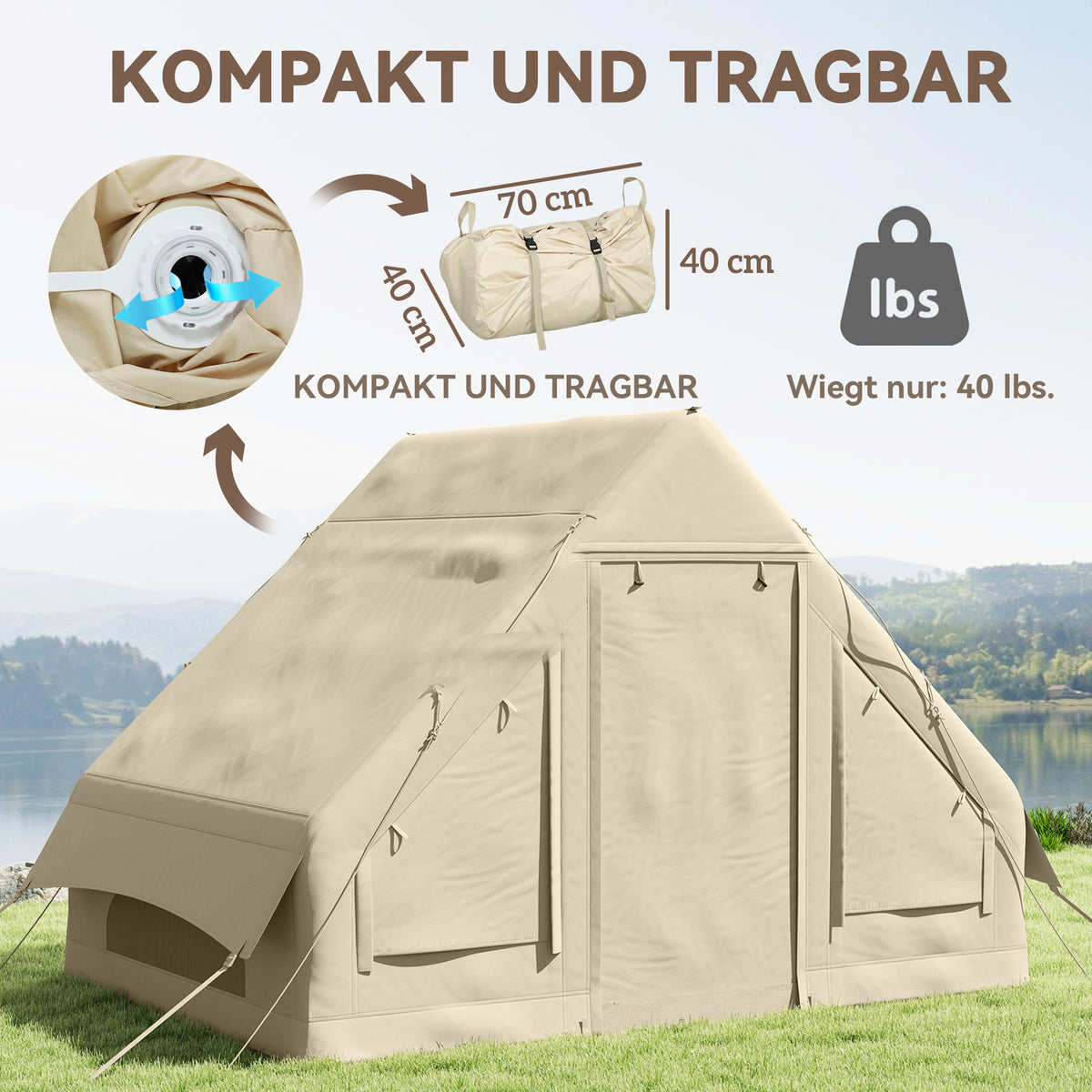 Inflatable Camping Tent Inflatable Tent with Window, Door for 3 People Family Tent with Storage Bag, Air Pump Oxford Waterproof & Windproof Glamping Tent for 4 Seasons