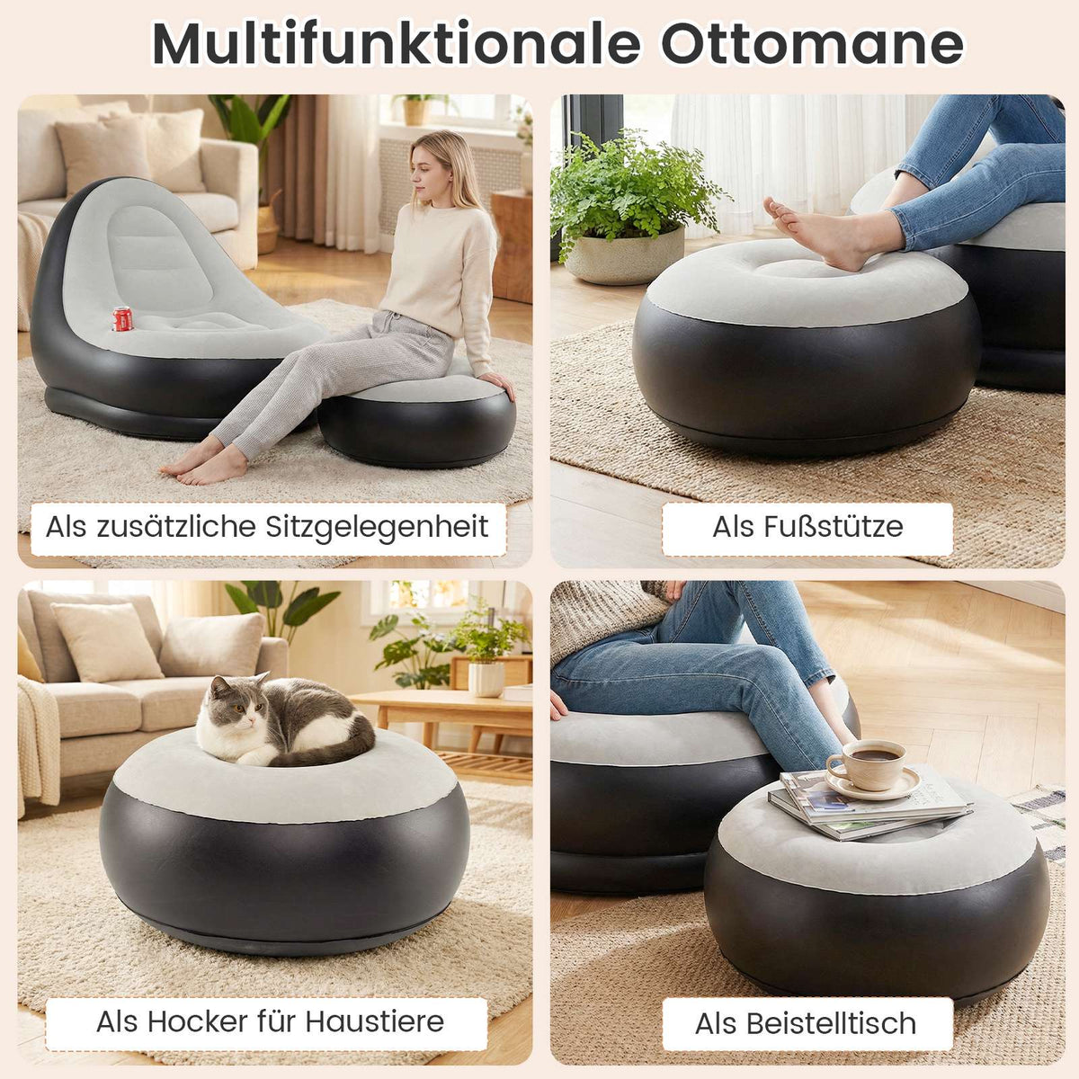 Inflatable Chair with Ottoman, Velour Surface, Cup Holder