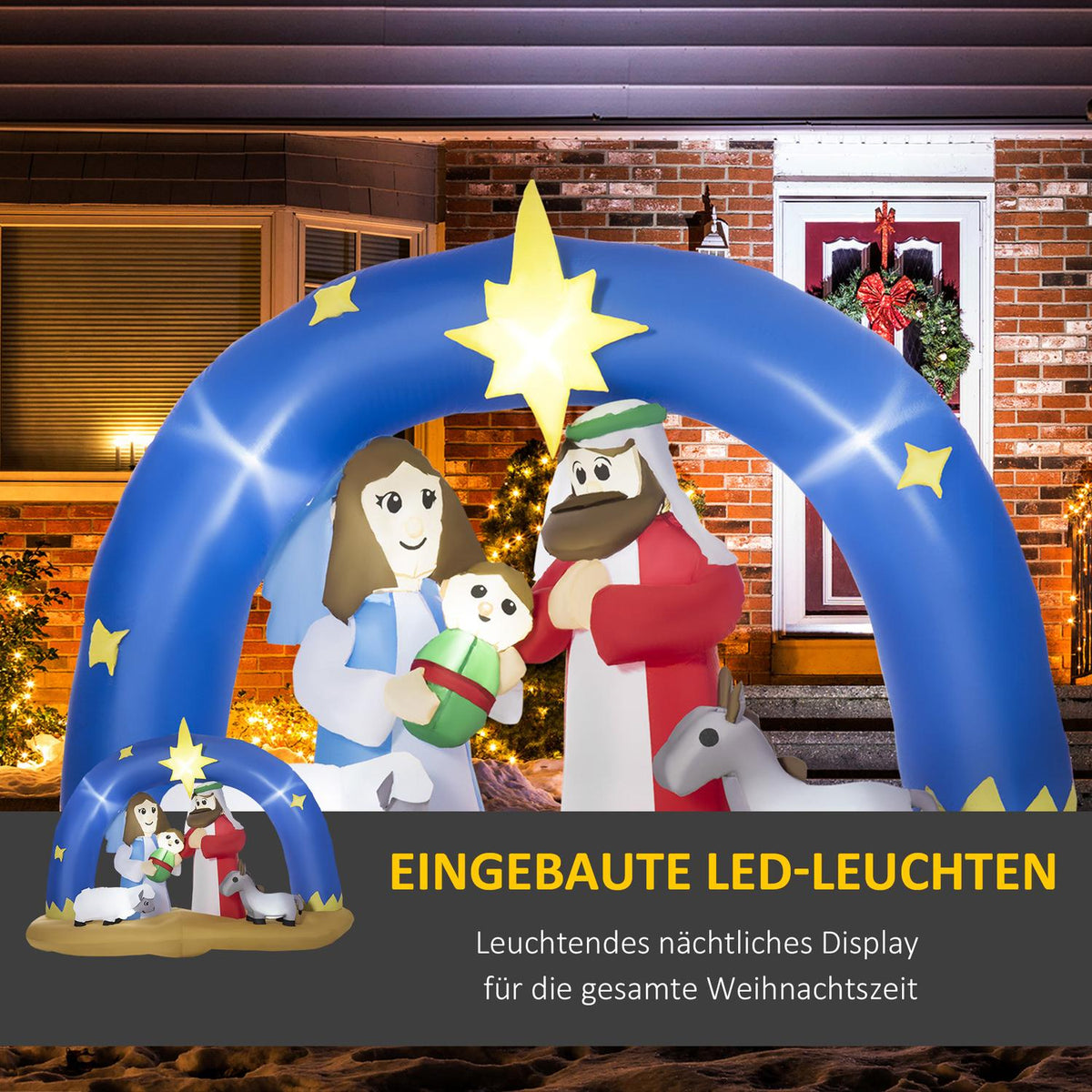 Inflatable Christmas Decoration Bible Arch Of Jesus' Birth 1.57 M Nativity Scene With Archway And Led Waterproof Blue + Brown 206X95X157 Cm