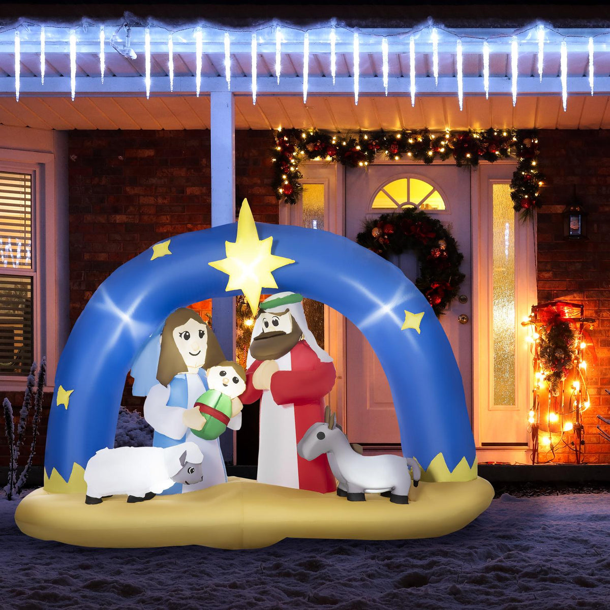 Inflatable Christmas Decoration Bible Arch Of Jesus' Birth 1.57 M Nativity Scene With Archway And Led Waterproof Blue + Brown 206X95X157 Cm