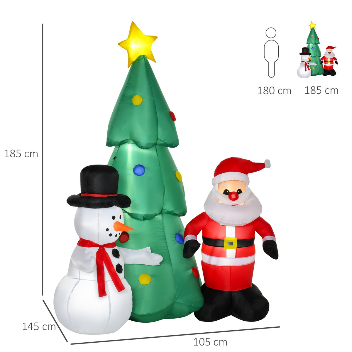 Inflatable Christmas Tree Led Christmas Decoration With Snowman 185 Cm Self-Inflating Polyester White 105 X 145 X 185 Cm
