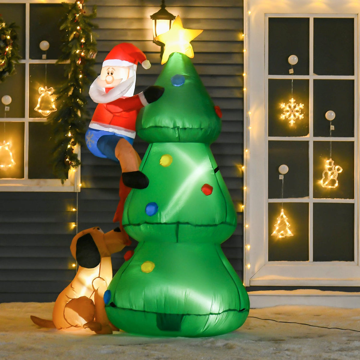 Inflatable Christmas Tree With Santa Claus And The Dog 180 Cm Christmas Decoration Led Self-Inflating Polyester Green 123 X 85 X 180 Cm