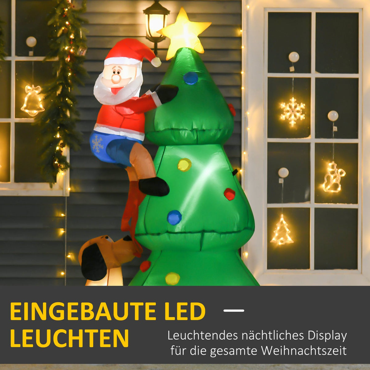 Inflatable Christmas Tree With Santa Claus And The Dog 180 Cm Christmas Decoration Led Self-Inflating Polyester Green 123 X 85 X 180 Cm