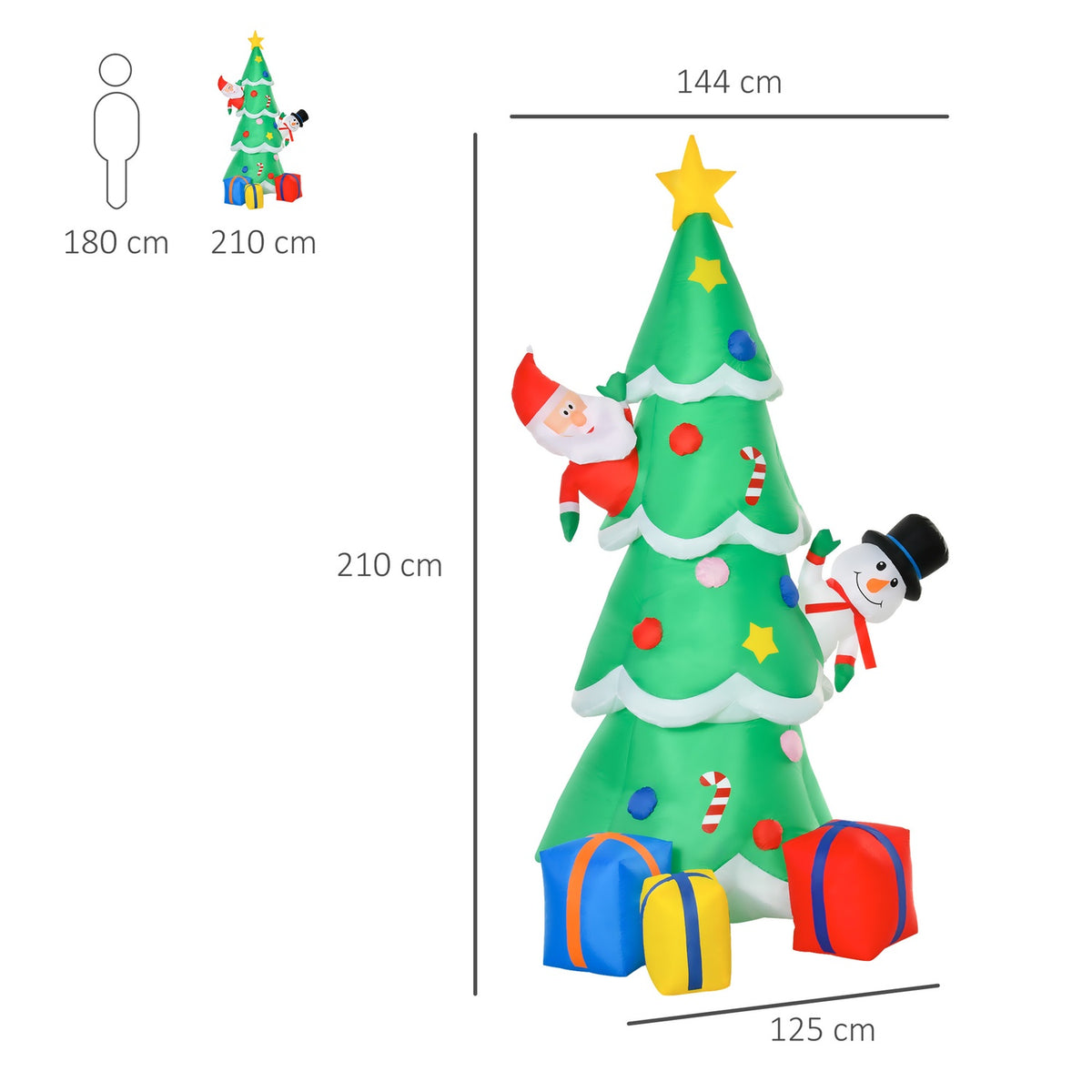Inflatable Christmas Tree With Santa Claus Snowman And Gift Box 210 Cm Led Self-Inflating Polyester Green 144 X 125 X 210 Cm