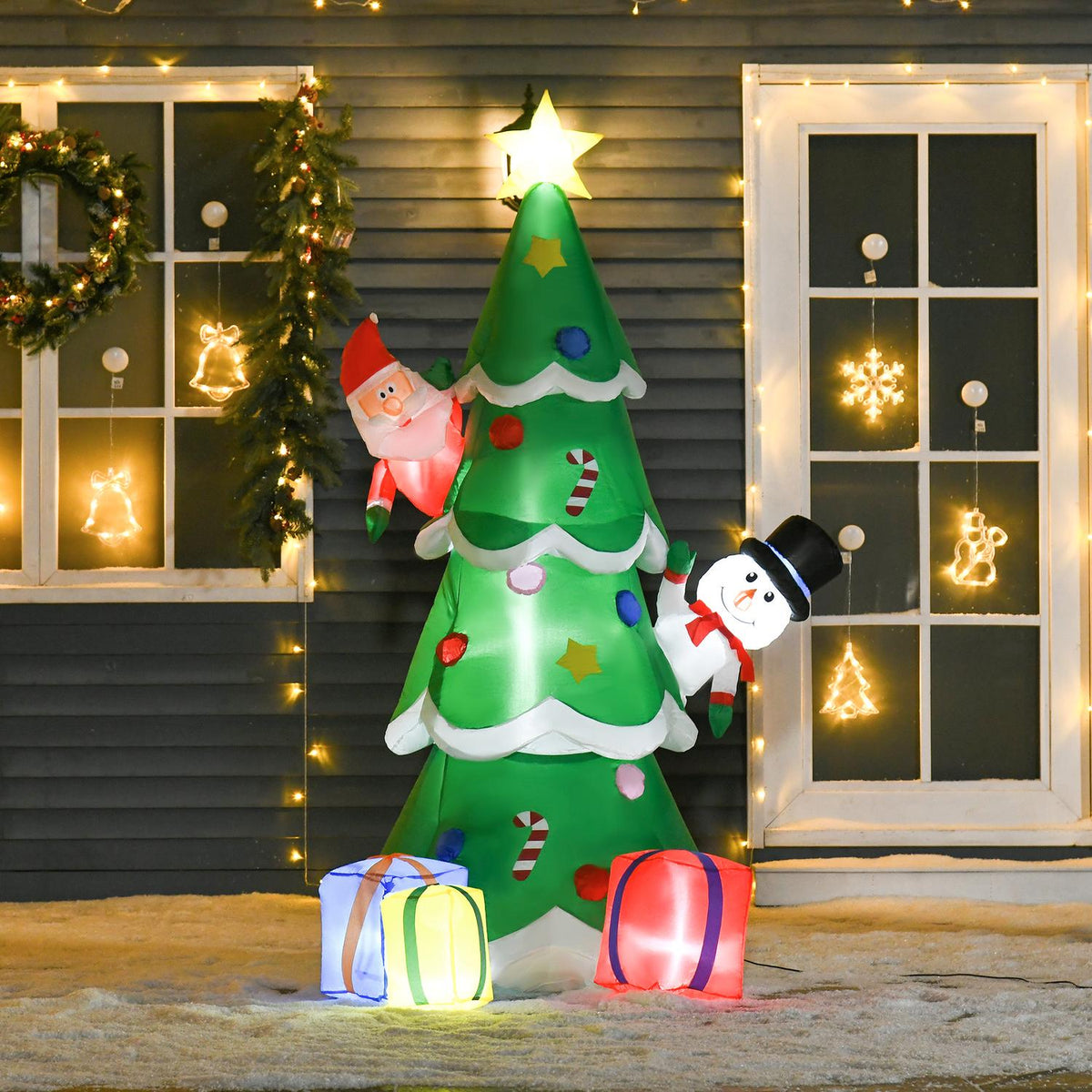 Inflatable Christmas Tree With Santa Claus Snowman And Gift Box 210 Cm Led Self-Inflating Polyester Green 144 X 125 X 210 Cm