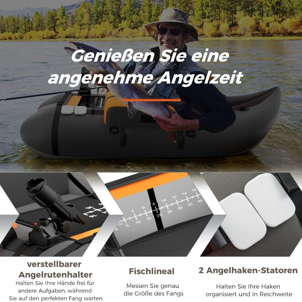 Inflatable Fishing Float Tube with Adjustable Backrest, 135x109x54 cm, Gray