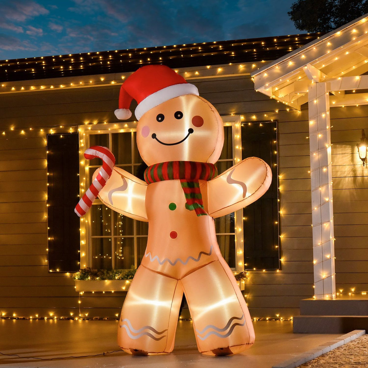 Inflatable Gingerbread Man 2.4M Christmas Decoration With Lights Automatic Inflation Weatherproof Polyester Fabric Yellow 170 X 65 X 240 Cm
