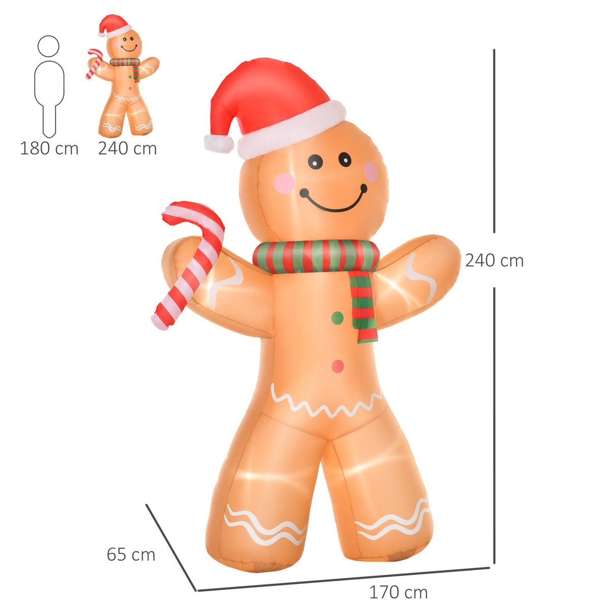 Inflatable Gingerbread Man 2.4M Christmas Decoration With Lights Automatic Inflation Weatherproof Polyester Fabric Yellow 170 X 65 X 240 Cm