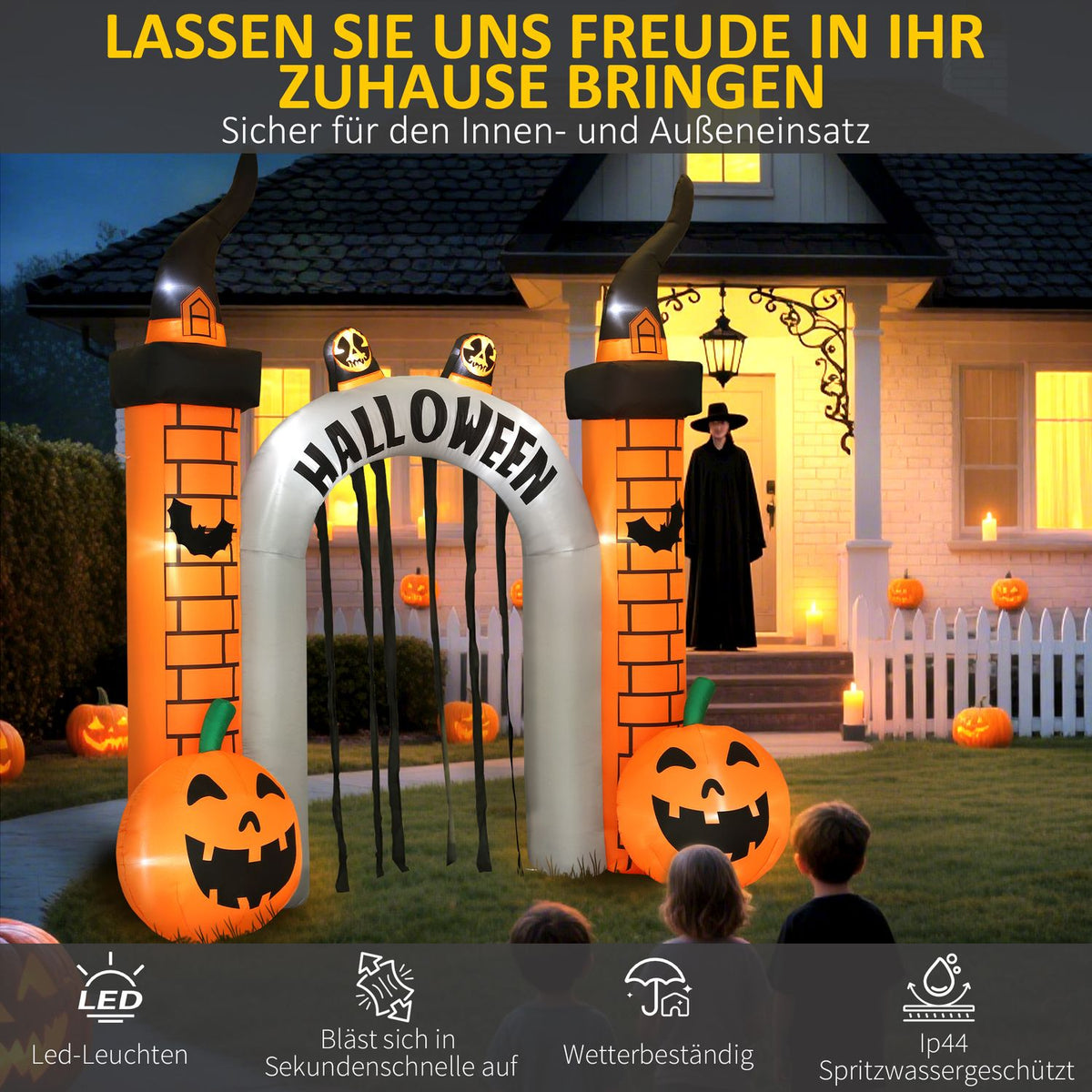 Inflatable Halloween Archway, Pumpkin Design, LEDs, Stakes