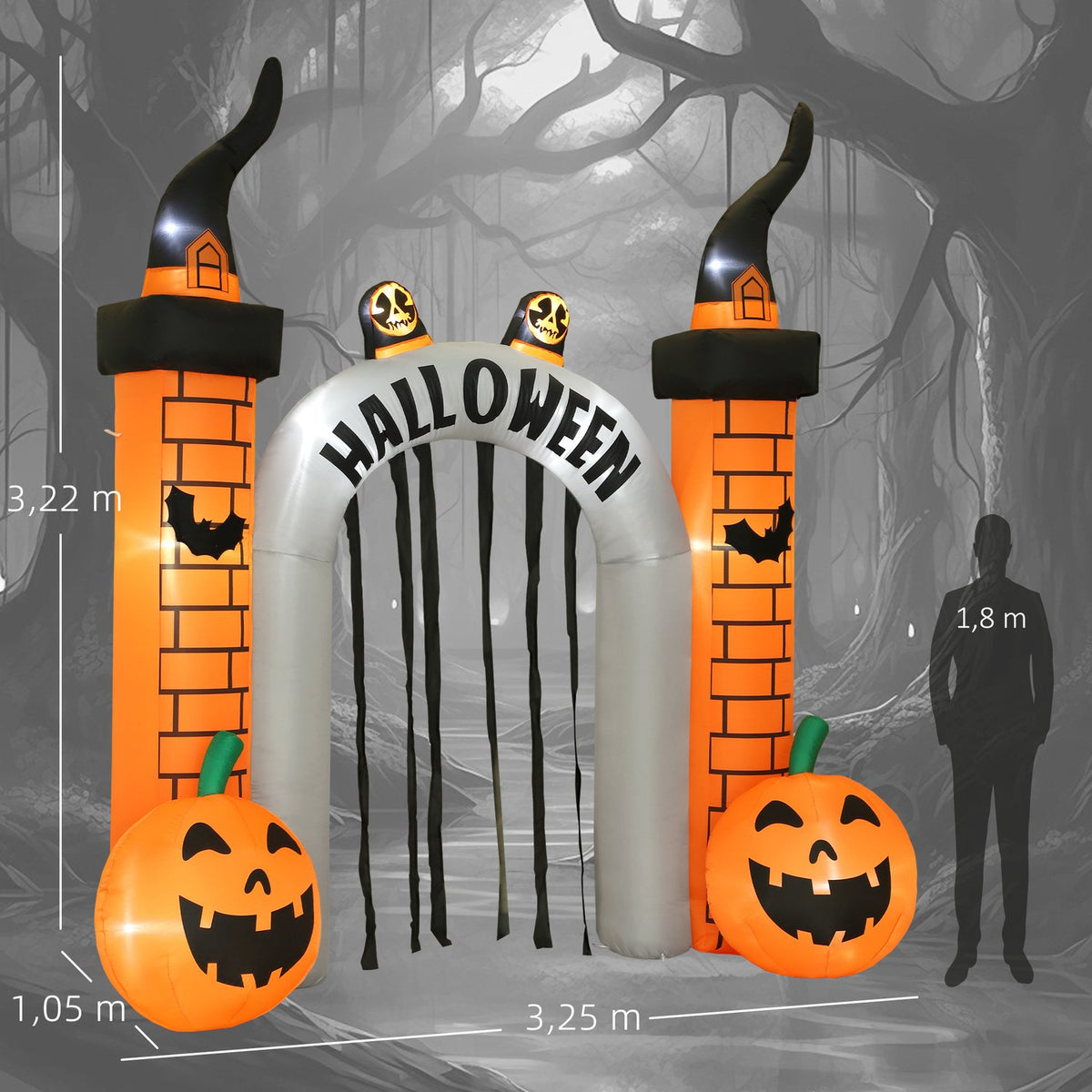 Inflatable Halloween Archway, Pumpkin Design, LEDs, Stakes