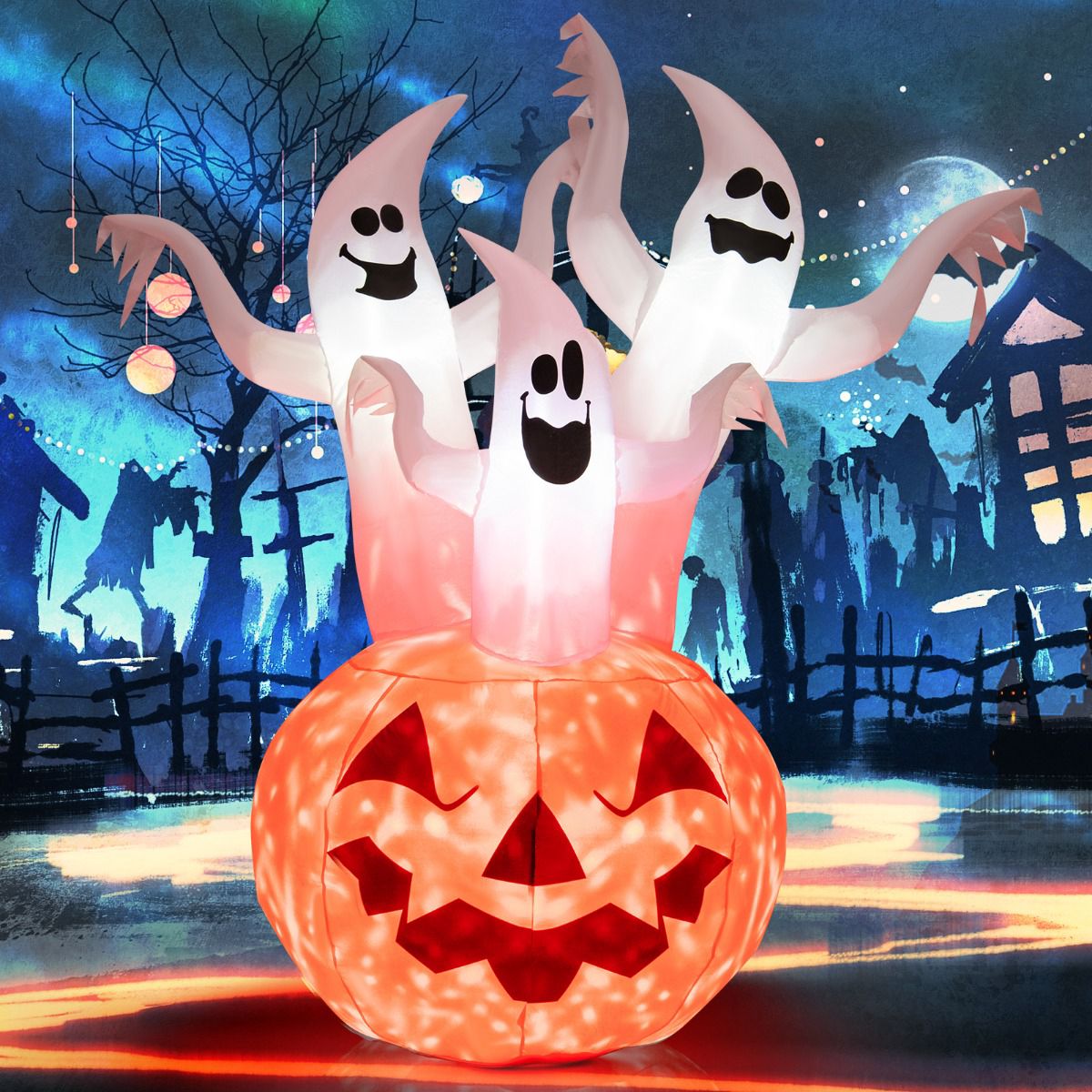 Inflatable Halloween Ghosts With Pumpkin, LED, 182 cm