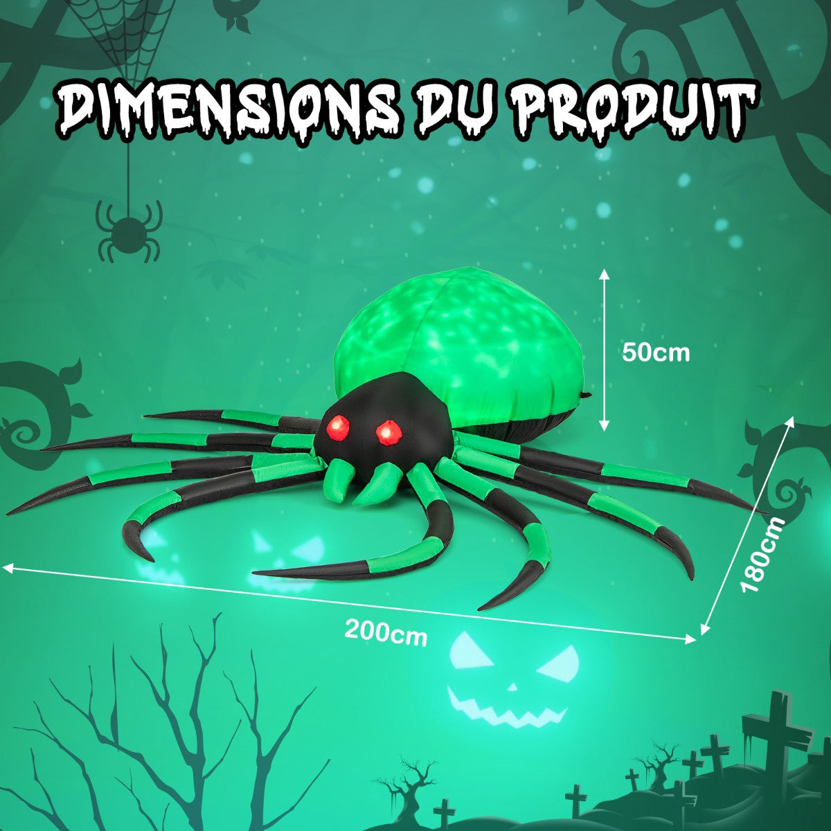 Inflatable Halloween Spider, Rotating LED Lights, 200cm